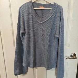 Light Blue Waffle Knit V-Neck Sweater With Lantern Sleeves